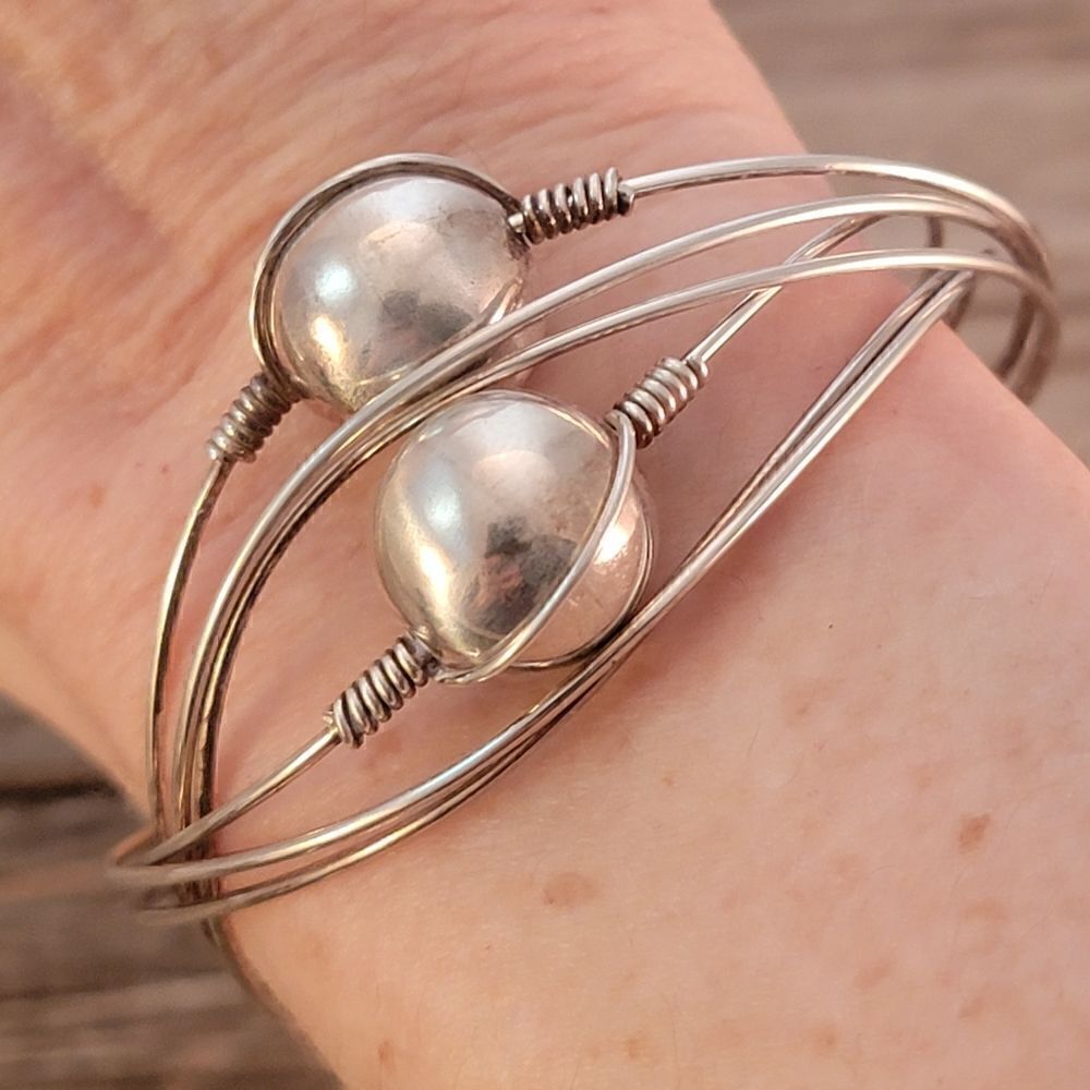 Sterling Silver Orbiting Ball Bead Art Wire Twist Cuff Bracelet